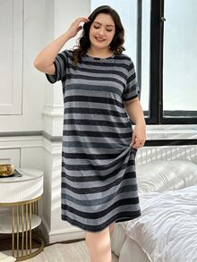 SHEIN Women's Plus Size Striped Short Sleeve Nightgown - Multicolor - View 3
