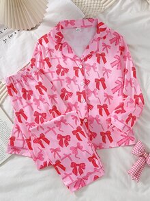 Tween Girl Allover Bow Print Pajamas Set - Pink - View 7