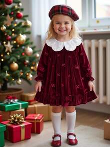 Baby Girl Bowknot Jacquard Velvet Peter Pan Collar Waist Cinched Pleated Ruffle Thick Dress Suitable For Winter And Christmas - Burgundy - View 1