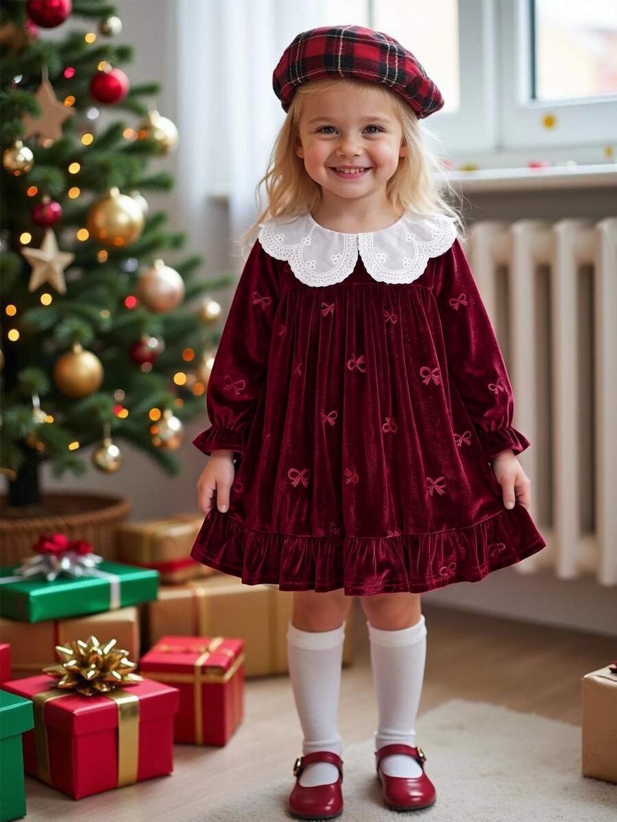 Baby Girl Bowknot Jacquard Velvet Peter Pan Collar Waist Cinched Pleated Ruffle Thick Dress Suitable For Winter And Christmas - Burgundy - View 1