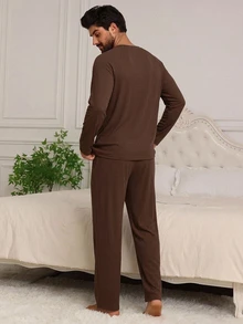 DAZY Men's Solid Color Crew Neck Long Sleeve Top & Long Pants Loungewear Set - Coffee Brown - View 4
