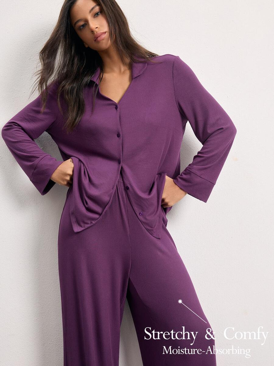 Ocili Women's Button Long Sleeve Top And Comfortable Pants Loungewear Set - 紫丁香色 - 查看 1