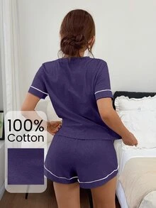 Napfluff 女款針織圓領短袖飾邊短褲睡衣套裝 - 紫色 - 查看 2