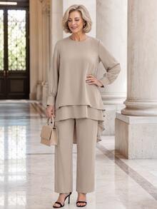 EMERY ROSE Middle-Aged Women's Solid Color Long Sleeve Top With Asymmetrical Hem And Long Pants, Comfortable And Minimalist, Suitable For Daily Wear And Outings - Apricot - View 4