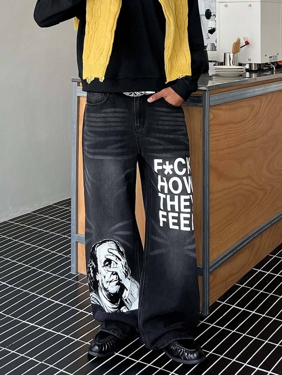 STEELVANCE 男士美式街頭風 Frank 肖像印花黑色水洗牛仔直筒寬腿長褲 - 深灰色 - 查看 1