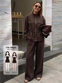 Dazy Tall Women's Stand Collar Long Sleeve Zip-Up Cinched Waist Large Pocket Jacket With Wide Leg Pants, Coffee Brown 2 Pieces Set - Coffee Brown - View 1