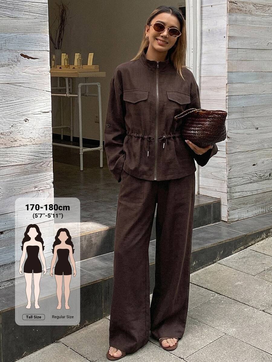 Dazy Tall Women's Stand Collar Long Sleeve Zip-Up Cinched Waist Large Pocket Jacket With Wide Leg Pants, Coffee Brown 2 Pieces Set - Coffee Brown - View 1
