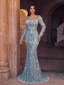 Glamrae Elegant Luxurious Beaded Diamond Sequin Embroidered Lace Sheer ...