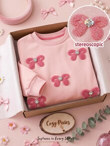 Cozy Pixies 女嬰針織純色蝴蝶結毛巾刺繡串珠圓領套頭抓絨運動衫 - 粉色 - 查看 1