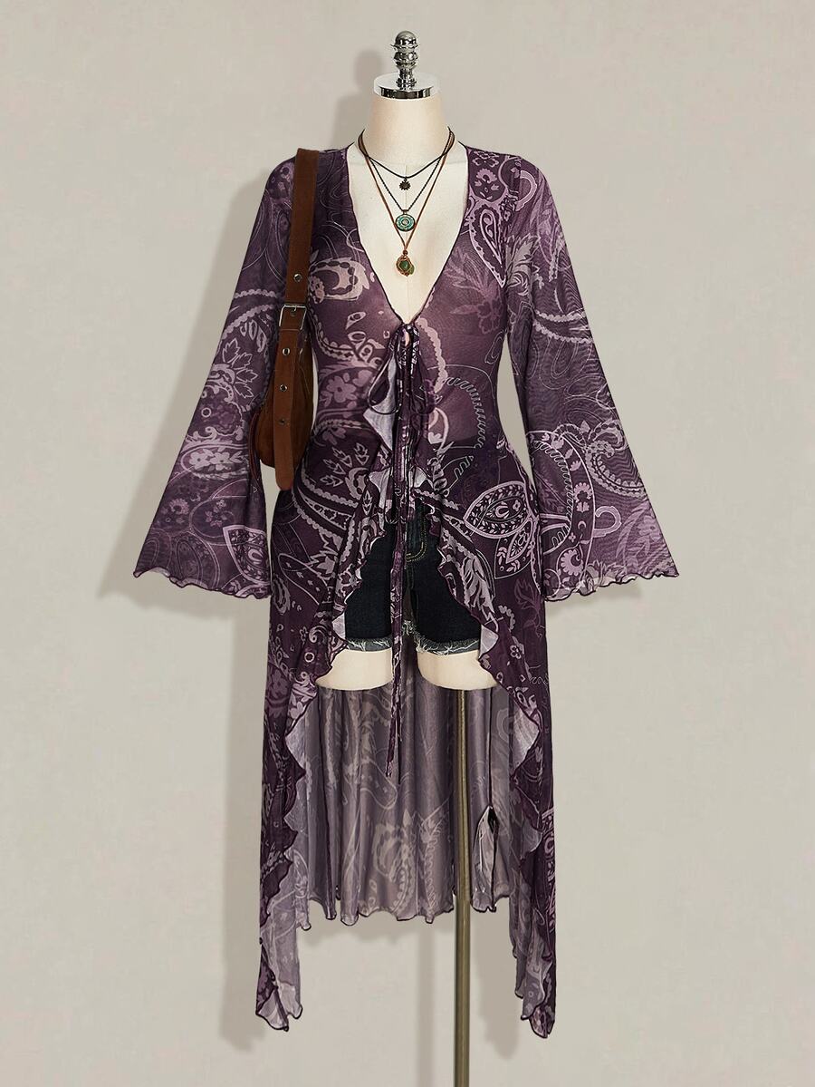SHEIN ICON 女款大尺碼佩斯利印花前綁帶喇叭袖高低下擺上衣 - 紫色 - 查看 1