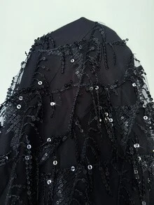 Reflora Plus Size Women's Patchwork Tassel Sequin Back Knot Design Short Sleeve Dress - Black - View 7