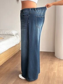 SHEIN PETITE CURVE Celana Jeans Denim Cuci Ukuran Besar untuk Wanita, Kasual Sederhana untuk Sehari-hari - Biru - View 2