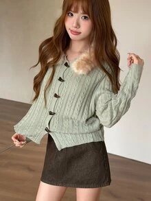 K-Vae Women's Autumn/Winter Green Fur Collar Patchwork Horn Button Sweet Versatile Sweater - Cadet Blue - View 6