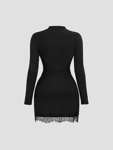 Sweetra Women's Solid Color Long Sleeve Round Neck Fitted Lace Shorts Dress - Black - View 2