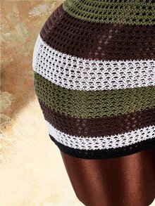 Amplova Striped Hat V-Neck Cutout Women's Mini Crochet Dress - Multicolor - View 9
