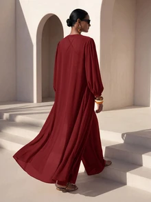 Zivah Women's Solid Color Lantern Sleeve Long Robe Cropped Halter Neck Tank Top And Wide Leg Pants Fashion Vacation Set - Burgundy - View 1