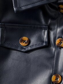 SHEIN 女童 2 件組家庭套裝，時尚深藍色 PU 皮革缺口領西裝外套與 Dit - 藍色 - 查看 5