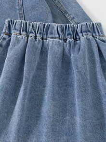 SHEIN 女童美式復古街頭 Y2K 純色水洗牛仔外套與裙子套裝，秋季甜酷 2 件套穿搭 - 中等水洗藍 - 查看 6
