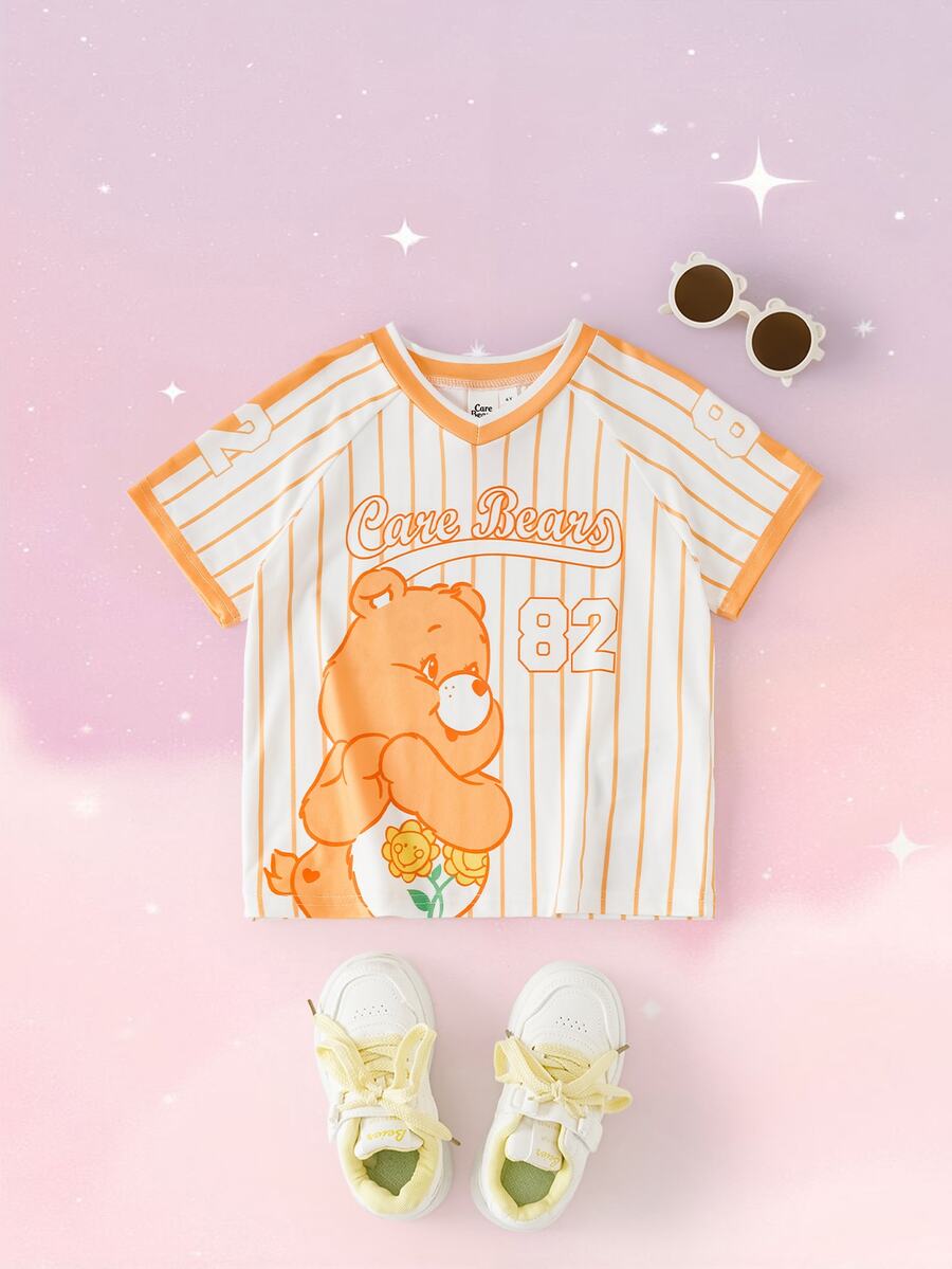 SHEIN X Care Bears 少女卡通圖案條紋印花圓領短袖T恤 - 橘色 - 查看 1