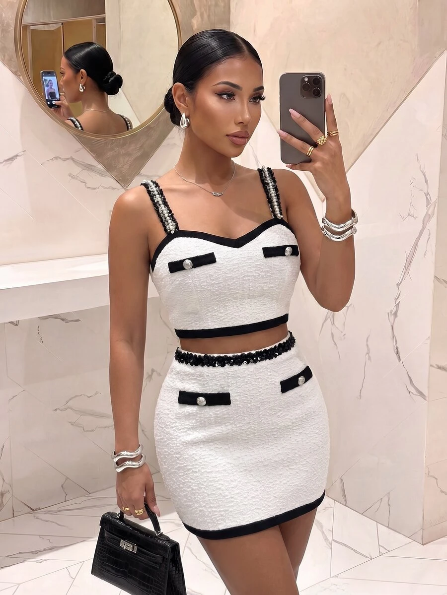 Slaydiva Black White Contrast Tweed Heart Shape Rhinestone Strap Crop Top & Mini Skirt 2 Pieces Set Elegant Luxury Going Out Matching Outfit For Women -A