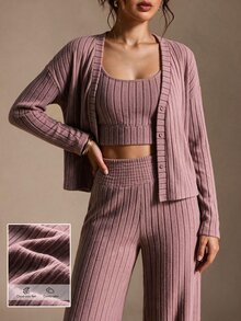 SHEIN BASICS Women's Solid Color Dropped Shoulder Long Sleeve Open Front Top, Cropped Tank Top And Long Pants Casual Set - Coral Orange - View 11