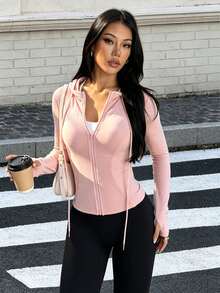 Muchica Women's Pink Slim Fit Hooded Zip Up Cropped Brushed Sports Jacket Gym Jacket Workout Jacket Yoga Jacket Sportswear Activewear Breathable Fall Winter - Coral Pink - View 1