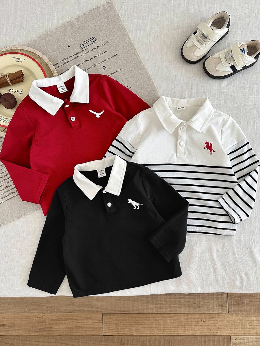 SHEIN 3件組男嬰 Polo 領長袖上衣套裝,騎士與恐龍圖案 - 彩色 - 查看 1