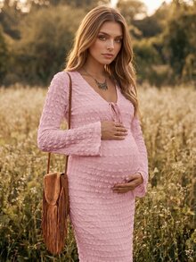 Boho Mama Maternity Solid Color Front Tie V-Neck Bell Sleeve Casual Dress Fall - Baby Pink - View 2