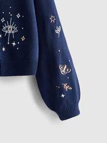 ROMWE Vintage Hippie Sun Moon Stars Snake Embroidered Plus Size Cardigan - Blue - View 3