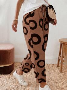 Breezaya Celana Panjang Wanita Ukuran Besar Motif Bulat dengan Pinggang Ramping, Musim Gugur/Dingin - Rust Brown - View 5