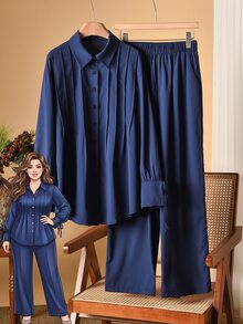 Rusticease Setelan 2 Potong Atasan dan Celana Panjang Lengan Panjang dengan Hiasan Ikat Warna Polos untuk Wanita Ukuran Besar - Navy Blue - View 9