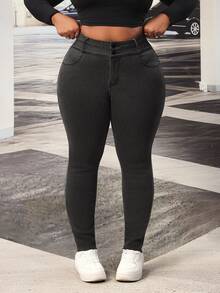 SHEIN PETITE CURVE بنطال جينز ضيق بخصر عالي بلون موحد للنساء بمقاسات كبيرة - الأسود - مشاهدة 1