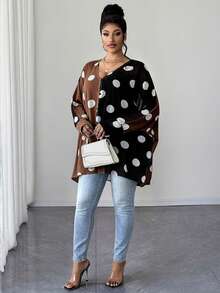 Maweii Blus Lengan Panjang Seksi Wanita Ukuran Plus dengan Motif Polkadot Blok Warna, Belahan Transparan, dan Lengan Kelelawar. - MultiWarna - View 5