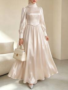 Celisse Gaun Satin Lengan Lentera Leher Tinggi - Aprikot - View 3