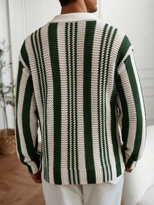 Manfinity Hypemode 男士條紋圖案長袖 Polo 領時尚休閒毛衣，度假秋季 Y2K 哥德風海灘綠色與白色 - 綠色 - 查看 4