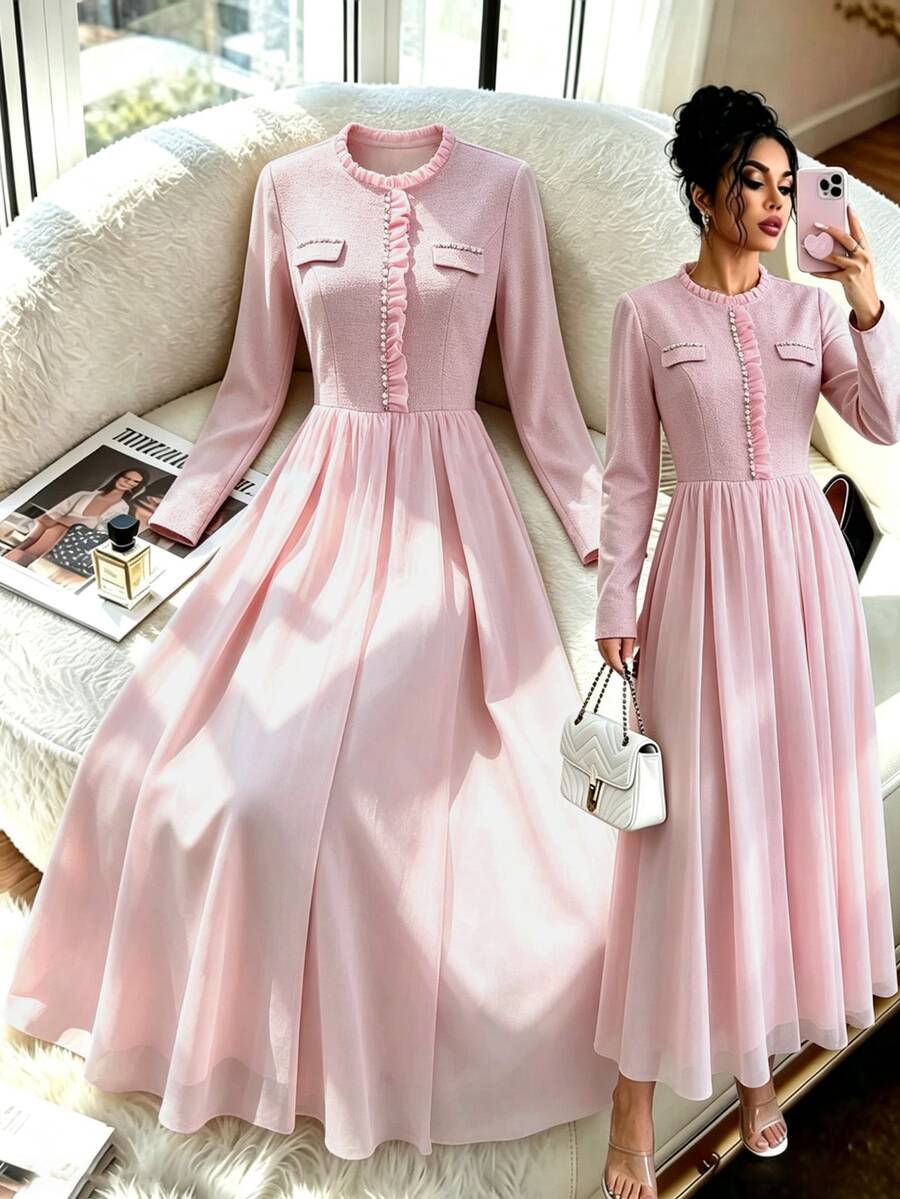 GlowEve Elegant Long Sleeve Contrast Mesh Afternoon Tea Daily Outing Shopping Party Women's Solid Color Long Dress - Pink - View 1
