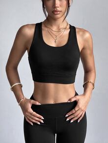 SHEIN Dewbera حمالة صدر رياضية عصرية بتغطية عالية مع أكواب قابلة للفصل، حمالات سميكة غير متماثلة وحمالات رفيعة، تصميم ظهر مثير بطبقات متقاطعة، ملابس داخلية وظيفية - الأسود - مشاهدة 7