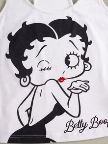 Betty Boop x SHEIN 女款角色印花無袖背心與短褲睡衣兩件套 - 紅白色 - 查看 4