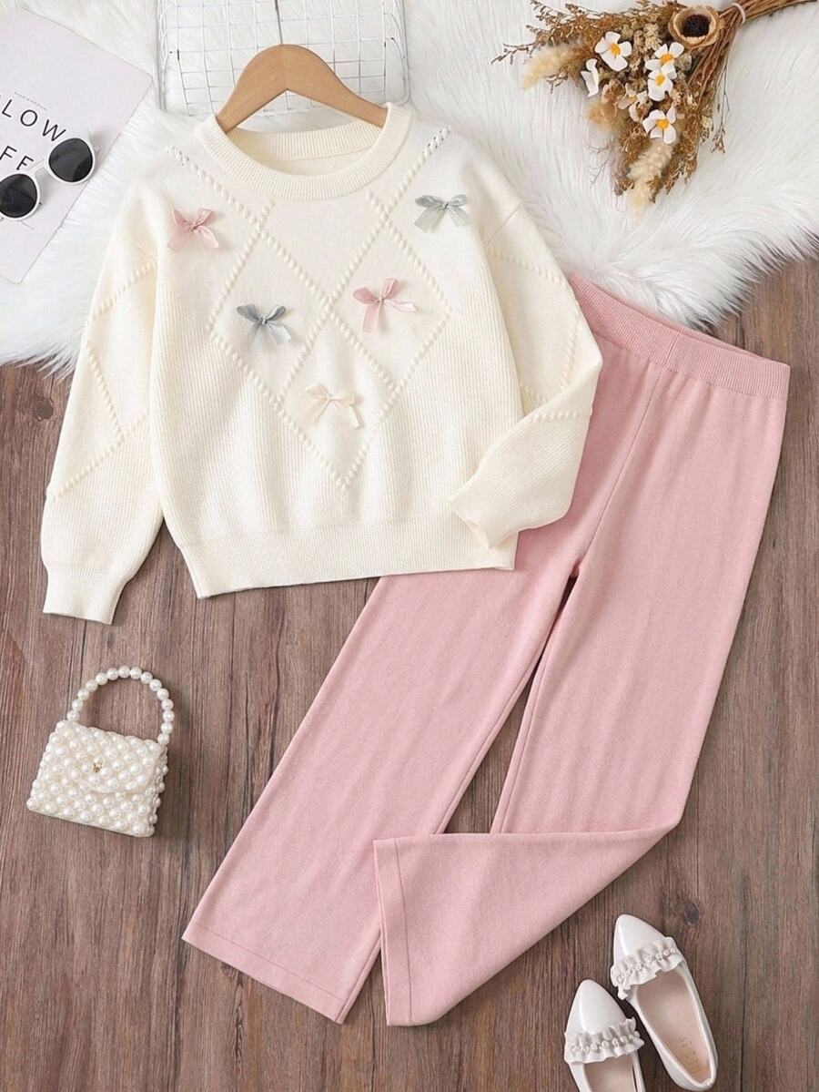 8-12 Years Old Girls Drop Shoulder Rhombus Grid Cable Knit Sweater & Wide Leg Pants 2 Pieces Set, 3D Bow Decor Knitted Outfit For Autumn/Winter - Beige - View 1
