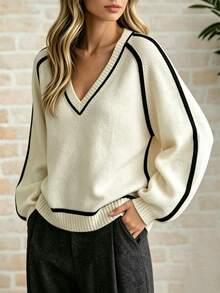 RosyDaze Women's Fashion Round Neck Dolman Sleeve Knit Sweater Top, Elegant Line Design Base Layer - Beige - View 3