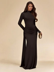 SHEIN BAE فستان ماكسي أنيق من الصوف المحبوك بقصة ضيقة وياقة وهمية وشريط، أكمام طويلة، بلون أخضر زيتوني سادة، للخريف/الشتاء - قهوة بني - مشاهدة 6