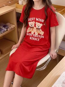 女童可愛熊圖案短袖粉色休閒寬鬆居家睡裙 - 紅色 - 查看 7