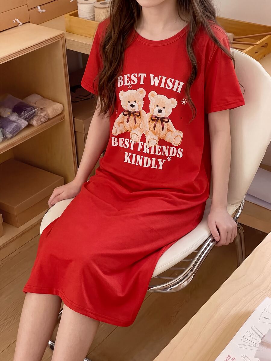 Girls Cute Bear Print Short Sleeve Pink Casual Loose Home Sleep Dress - Red - View 1