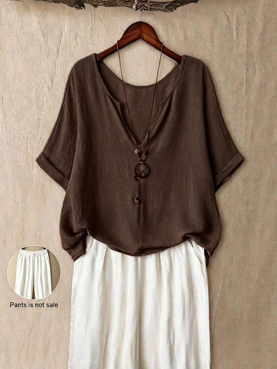 Linhara Plus Size V-Neck Short Sleeve Casual Shirt With Wooden Buttons, Suitable For Outings And Commuting Casual Style. - Brown - View 1