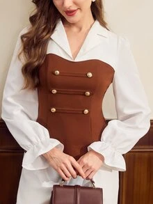 Vintamour Women's Lapel Contrast Color Patchwork Napoleon Style Double-Breasted Waist-Cinched Slimming Long Sleeve Top - Brown - View 3