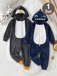 Boys Grey & White Double-Sided Flannel Colorblock Penguin Embroidered Long Sleeve Long Hooded Fleece Jumpsuit Loungewear Set - Dark Grey - View 7