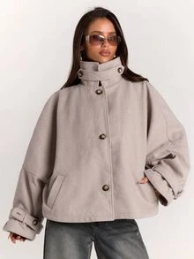 SHEIN BAE Women's Elegant High Neck Button Long Sleeve Overcoat - Brown - View 4