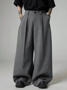 Manfinity Homme Plus Size Men's Solid Color Pleated Casual Everyday Long Pants - Dark Grey - View 1