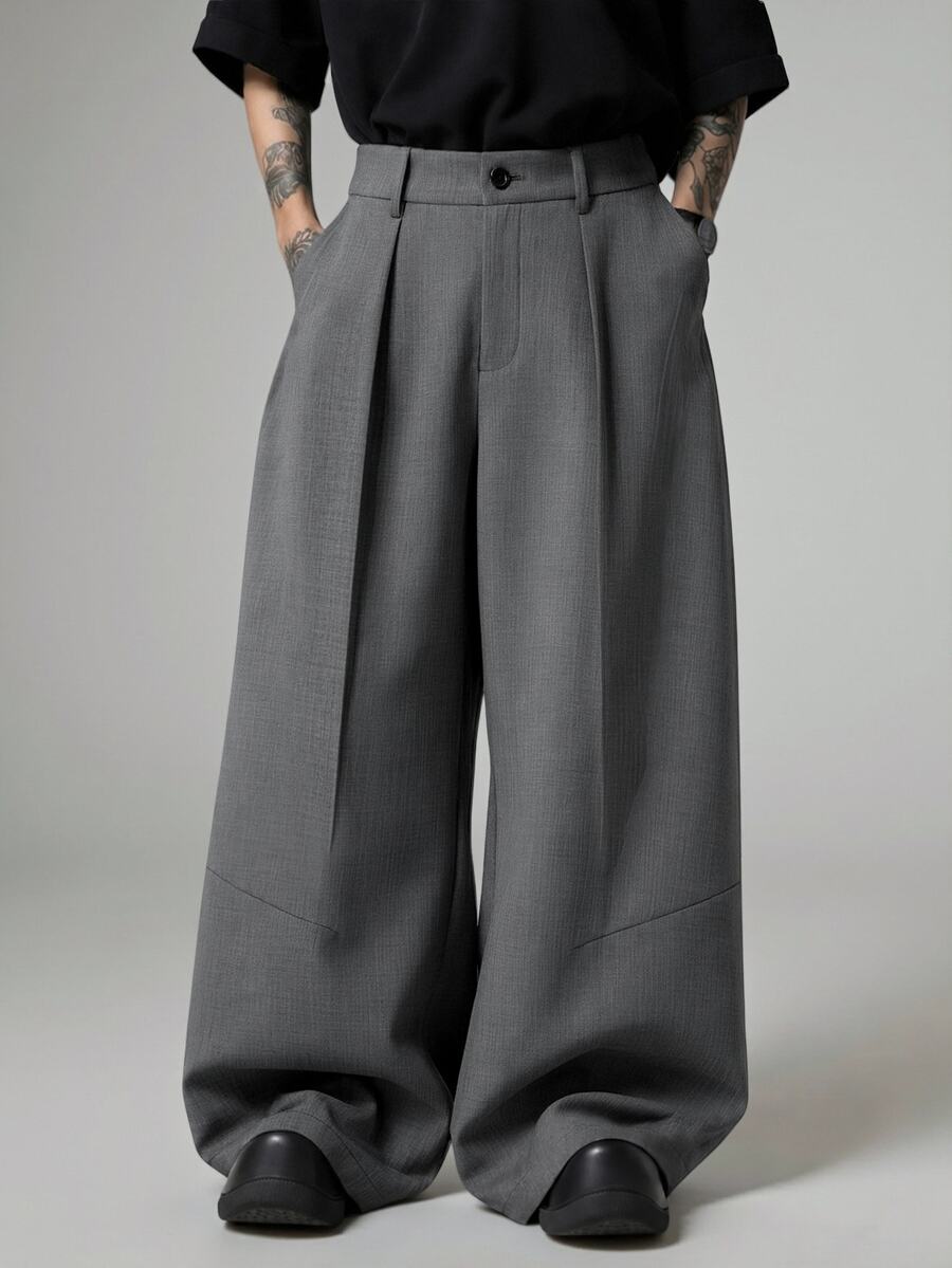 Manfinity Homme Plus Size Men's Solid Color Pleated Casual Everyday Long Pants - Dark Grey - View 1