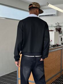 STEELVANCE 男士舒適 T-Shirt 布料襯衫領半拉鍊長袖 2 合 1 T-Shirt，休閒度假、派對、聚會、朋友約會、簡約辦公，四季經典 Yamamoto 風格長袖 T-Shirt，適合自用或送給朋友 - 黑色 - 查看 5